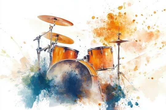 A colorful illustration of a drum set on watercolor background