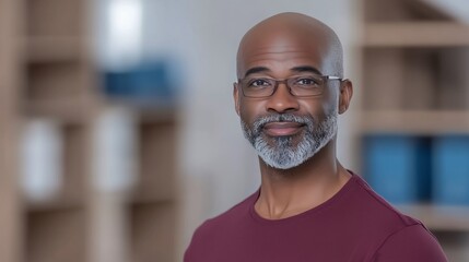 Obraz premium Close-up Photo: Confidently Smiling Man with Graying Beard in Modern Office Setting. AI Generated