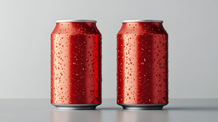Two red soda cans covered with droplets of water on a gray backdrop. Perfect for beverage marketing, packaging visuals, or minimalist branding.