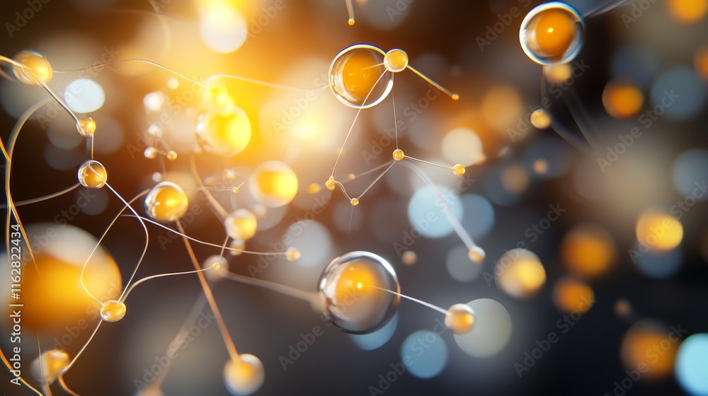 Poster abstract molecular structure with glowing molecules and particles showcasing scientific innovation a