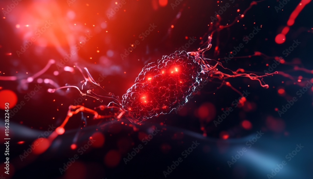 Poster abstract representation of a biological cell illuminated in red hues, showcasing intricate details o