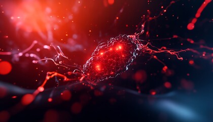 Abstract representation of a biological cell illuminated in red hues, showcasing intricate details of cellular structures.
