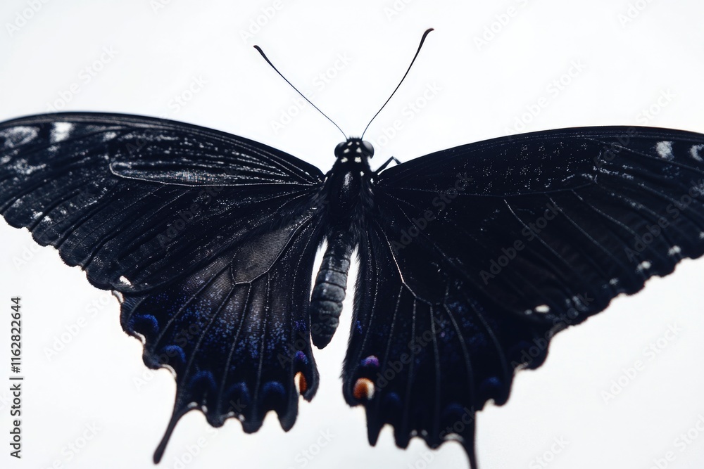 Poster a close-up shot of a black butterfly with bright blue spots on its wings, highlighting the unique co
