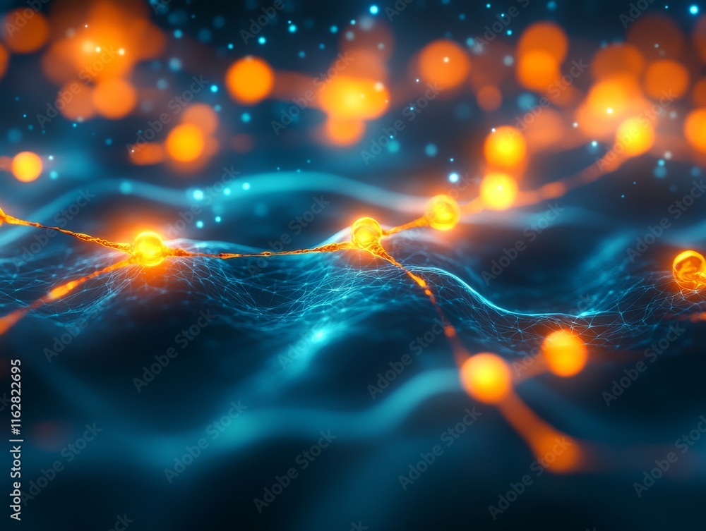 Poster abstract representation of glowing particles in a fluid environment, showcasing dynamic movement and