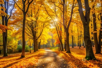 Fototapeta premium Vibrant autumn forest, golden yellow foliage, towering maple trees