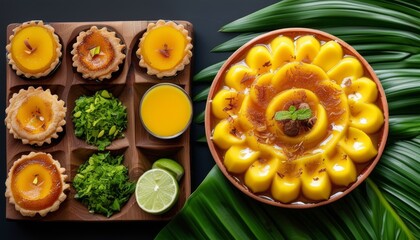 Delicious Panama Flan served in bowl with toppings, colorful ingredients and tropical setting