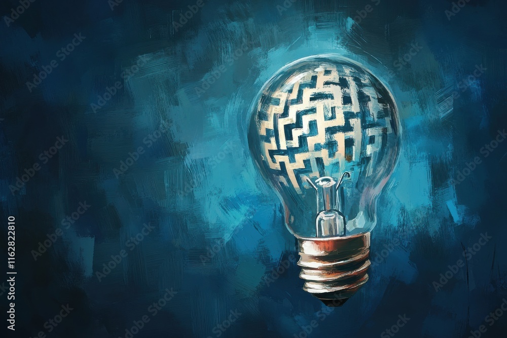 Aufkleber a unique digital painting of a light bulb featuring a maze pattern against a dark blue background, i