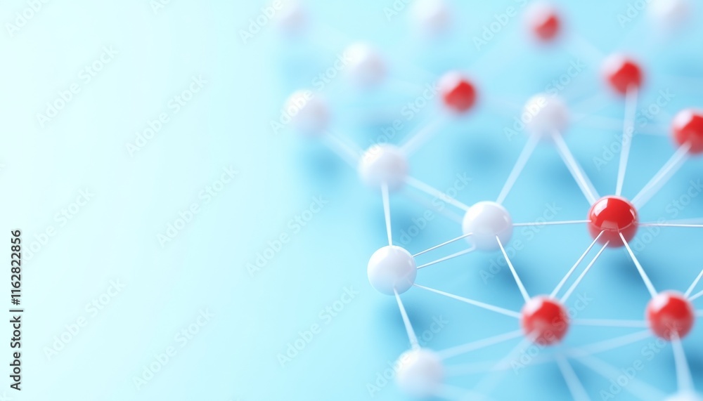 Poster abstract representation of molecular structure, showcasing interconnected atoms in red and white col