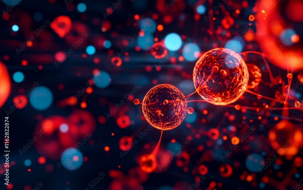 Poster abstract representation of molecular structures and dynamic interactions, showcasing vibrant colors 