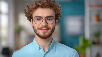 Fototapeta premium Close-up Photo: Young Man Smiling Confidently in Modern Office Setting. AI Generated