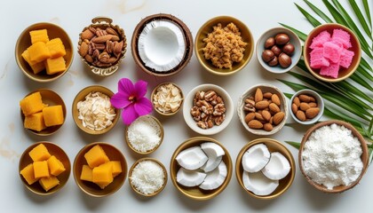 Colorful Ingredients for Panama Cocadas with Toppings in Bowls on a Table Decorated with Leaves