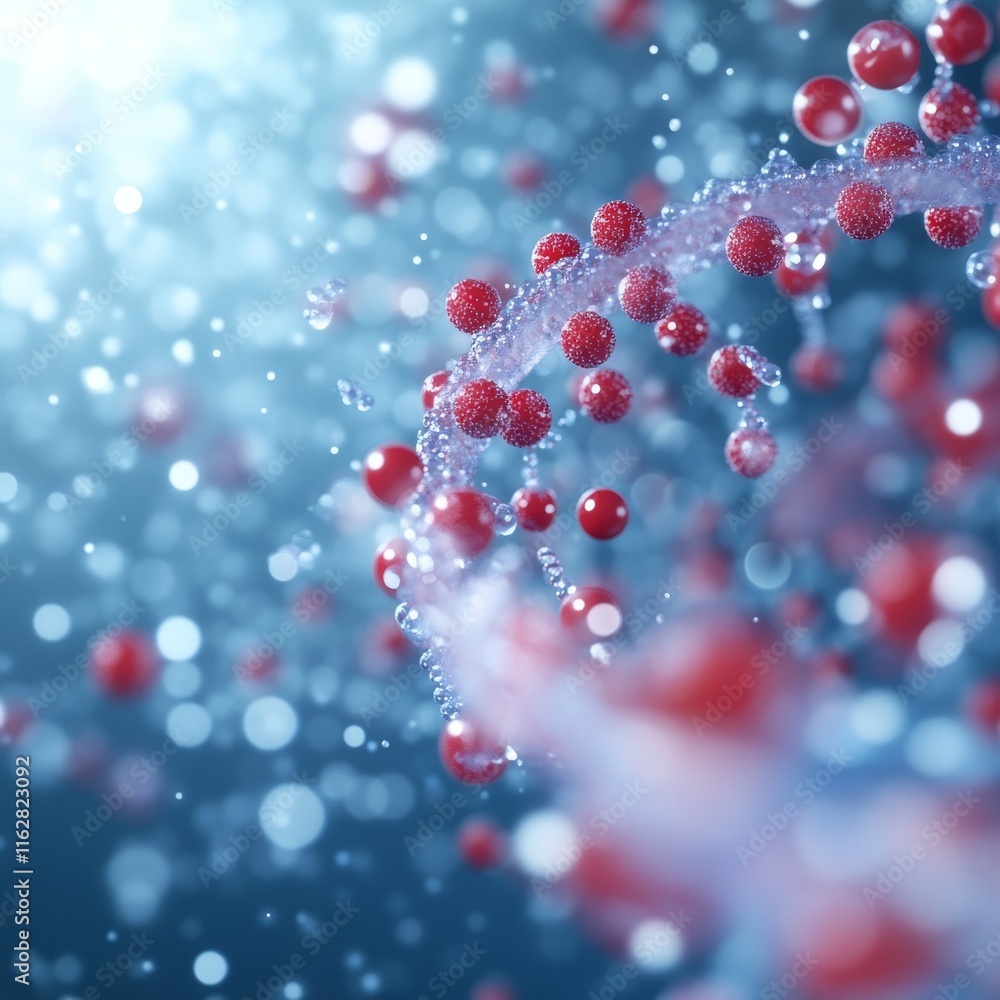 Poster abstract representation of molecular structures with vibrant red elements on a soft blue background,