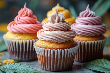 Three colorful cupcakes with creamy frosting on a table, perfect for a party or celebration