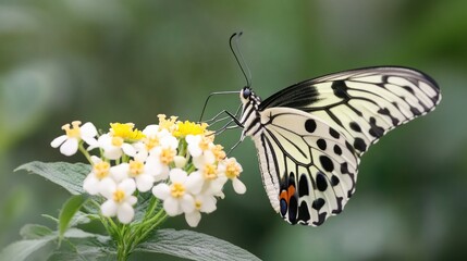 Fototapeta premium A butterfly sits on a flower, showcasing its delicate features in monochrome tones
