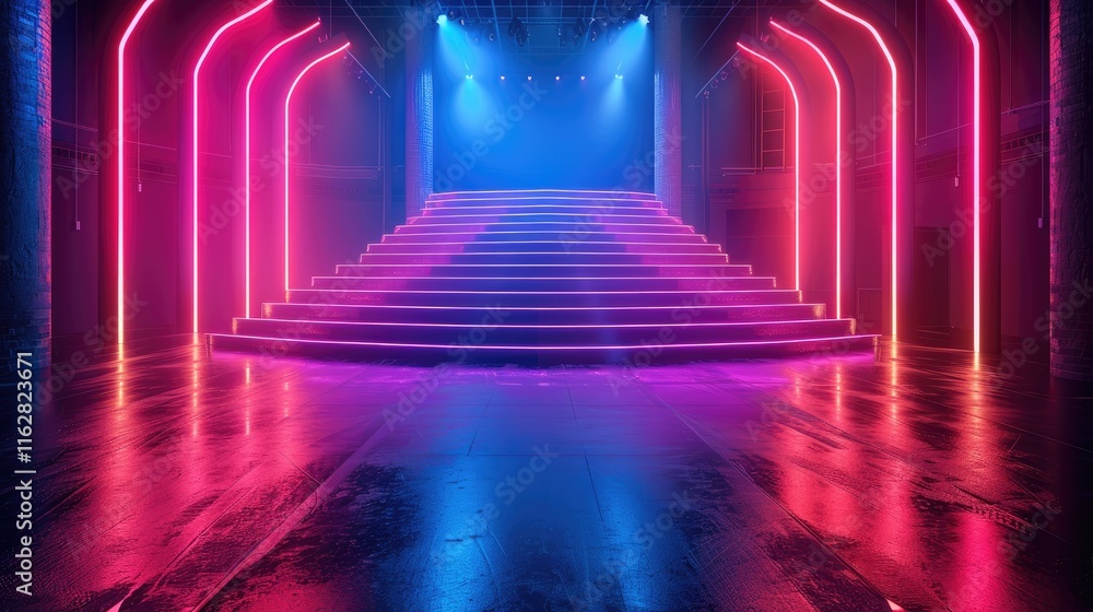 Poster stage with 3 led screens on a matting with many-curved borders with neon strips. black glossy floor,