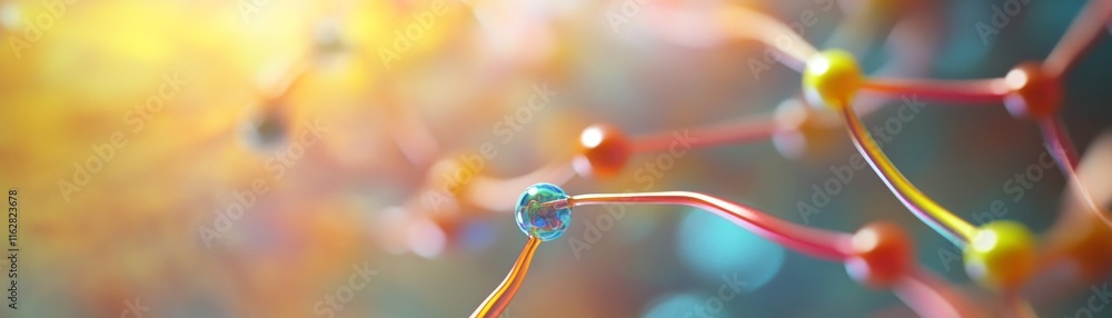 Poster an abstract molecular structure with colorful atoms interconnected by bonds representing scientific 