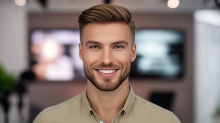 Obraz premium Close-up Photo: Confidently Smiling Man, Modern Office Background. AI Generated
