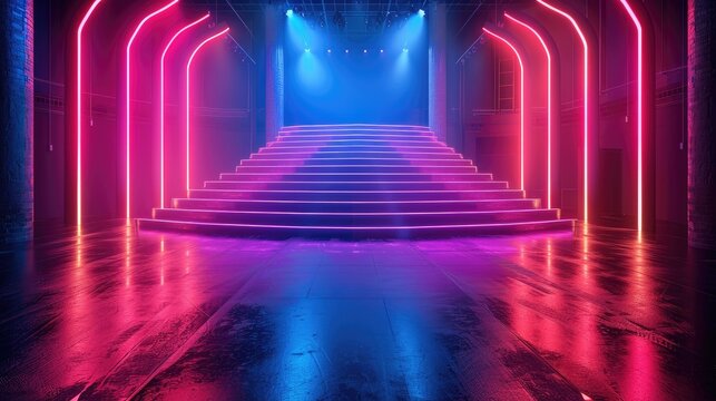 Stage with 3 led screens on a matting with many-curved borders with neon strips. Black glossy floor, neon Color palette, magenta, purple and green.