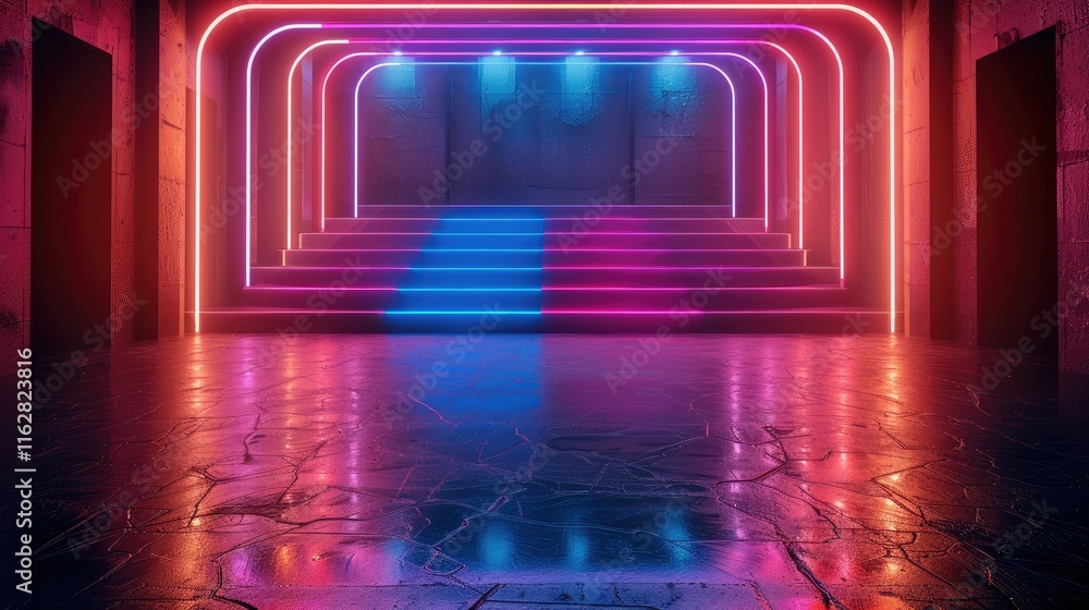 Leinwandbilder stage with 3 led screens on a matting with many-curved borders with neon strips. black glossy floor,