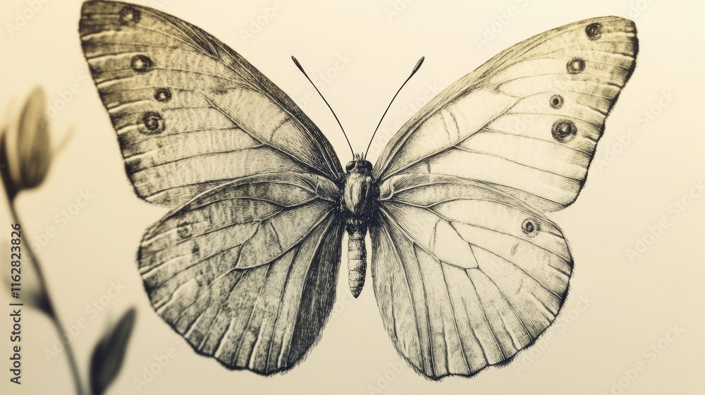 Poster a close-up shot of a butterfly's body and wings in grayscale