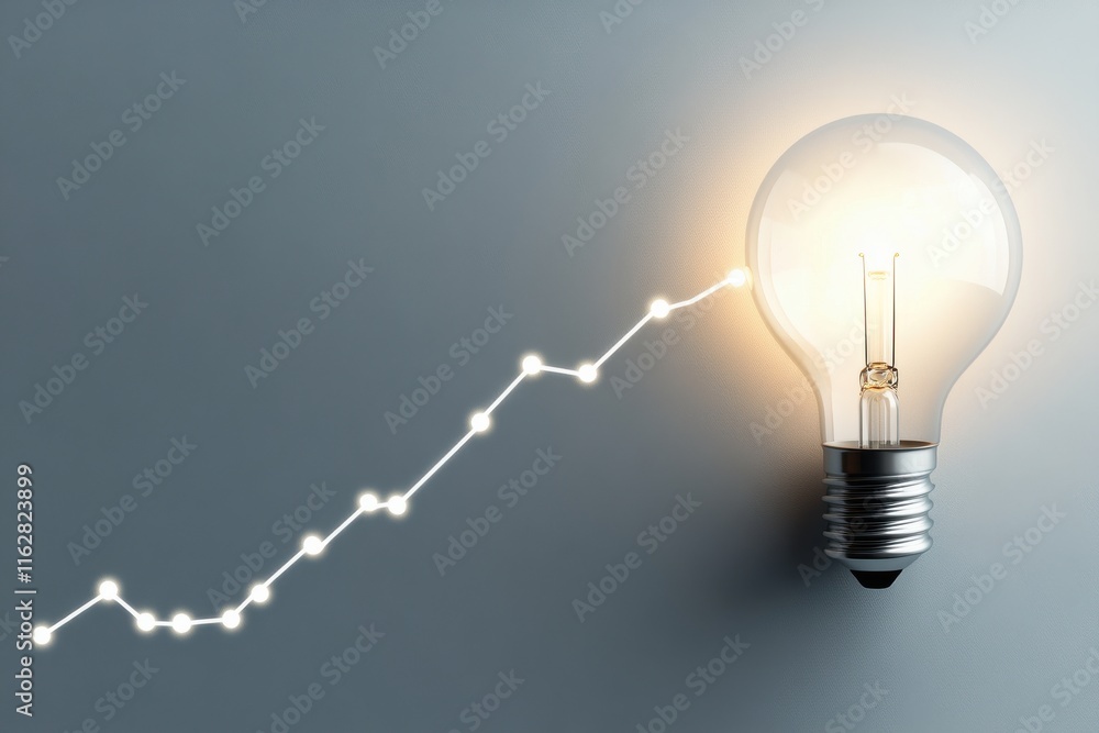 Poster single light bulb with graphical ray design illustrating clean and modern concepts on a pale gray ba