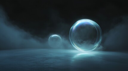 Two large bubbles floating in the air above a dark, cloudy sky