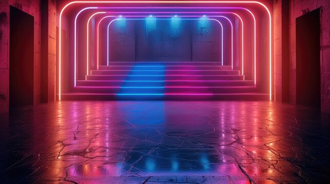 Stage with 3 led screens on a matting with many-curved borders with neon strips. Black glossy floor, neon Color palette, magenta, purple and green.