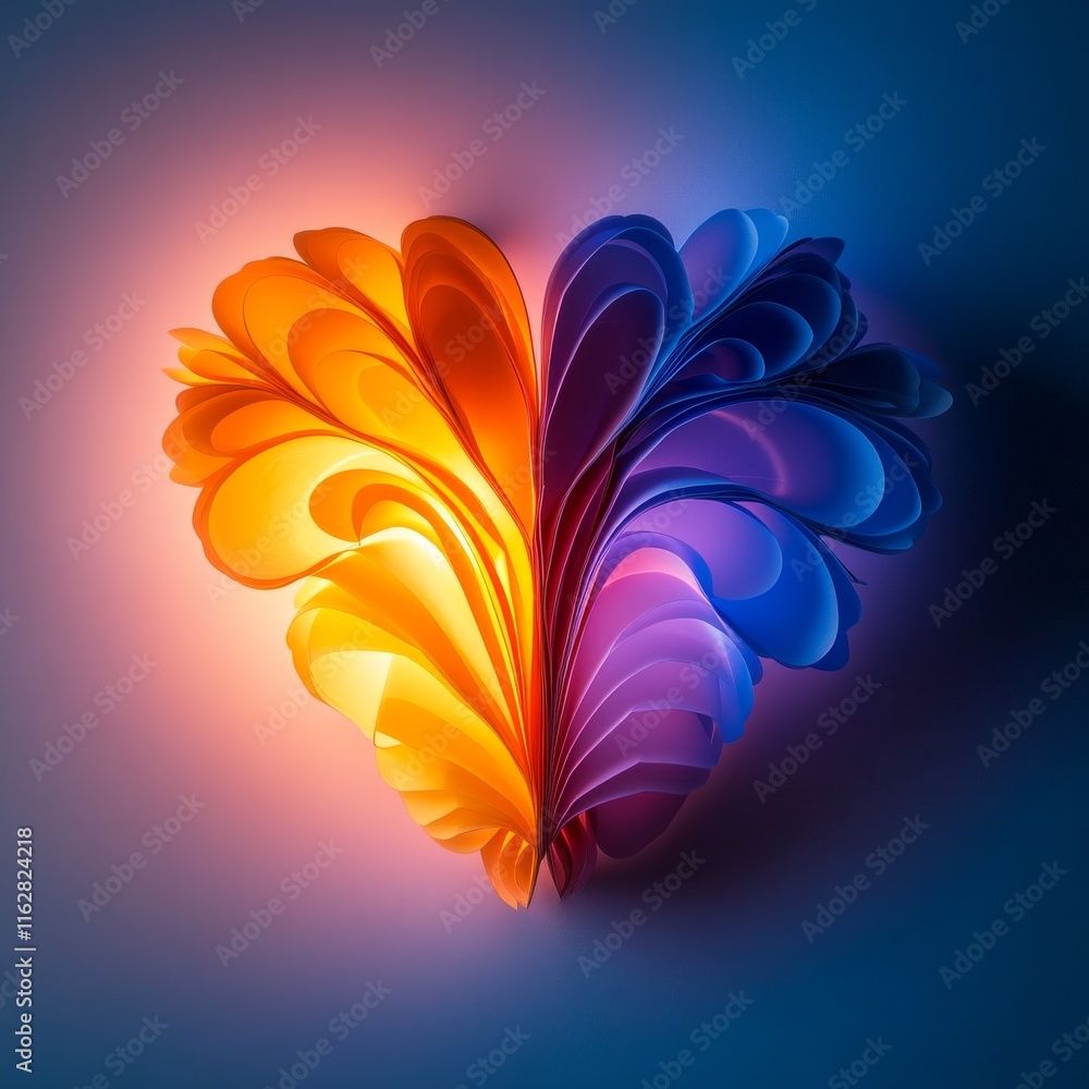 Poster an artistic representation of a vibrant heart shape, blending warm and cool colors for a captivating