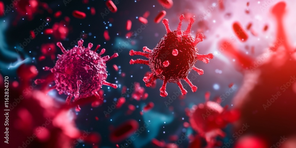 Poster an artistic representation of viruses in vivid colors, showcasing their structure and interaction in