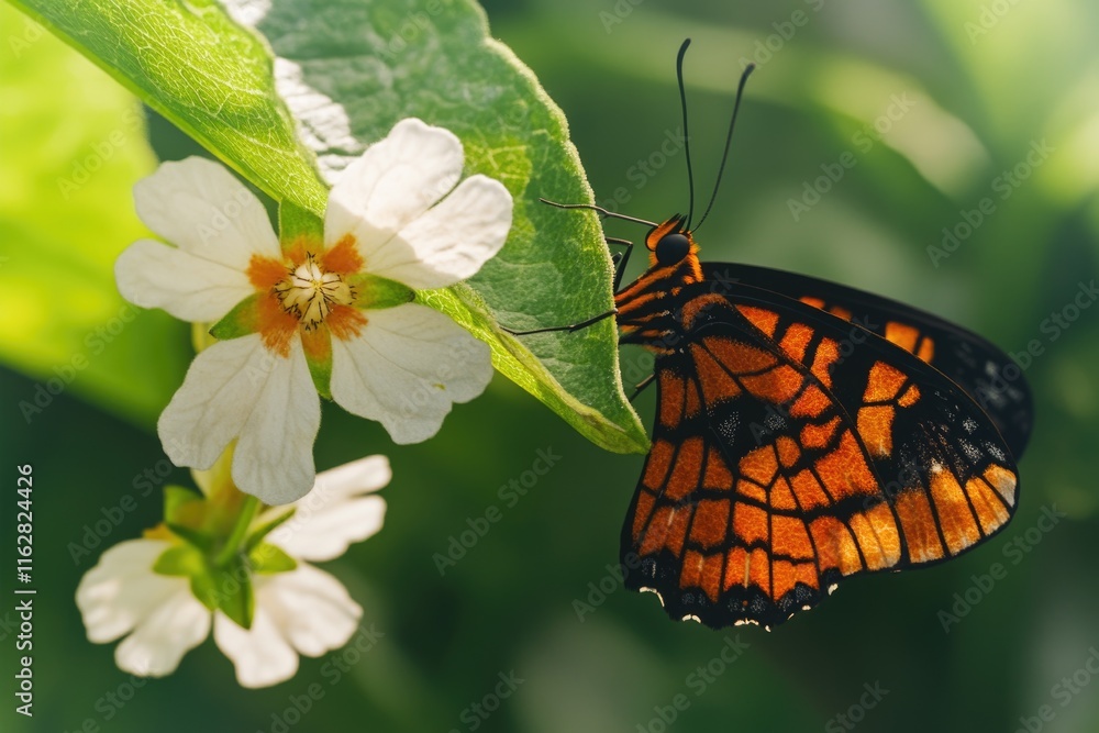 Poster a detailed view of a butterfly perched on a flower, highlighting the intricate details of its wings 