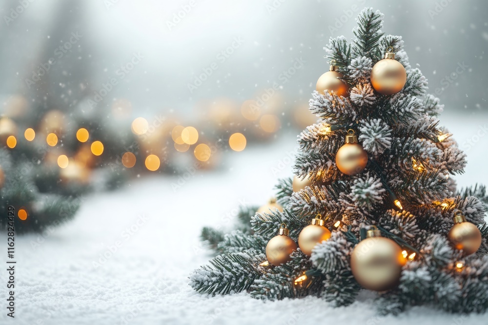 Poster winter scene with multiple christmas trees decorated and covered in fresh snow