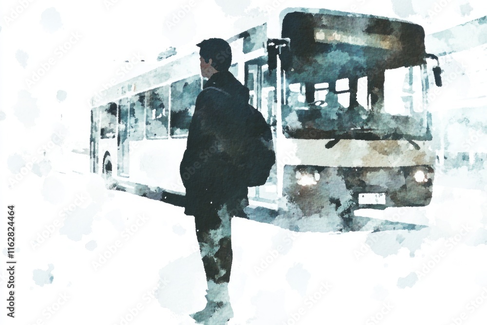 Aufkleber A person waiting at a bus stop with a bus in the background