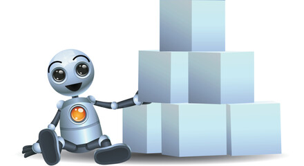 3D illustration of a little robot worker play blocks toys on isolated white background.eps