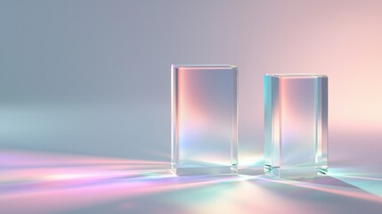 Two glass boxes with a rainbow reflection on the wall behind them