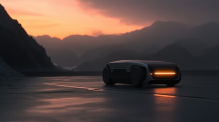 Obraz premium A futuristic car is driving down a road in front of a mountain range