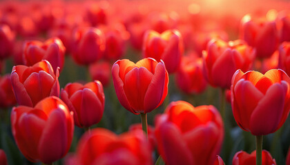 Red tulips glowing in sunlight during golden hour