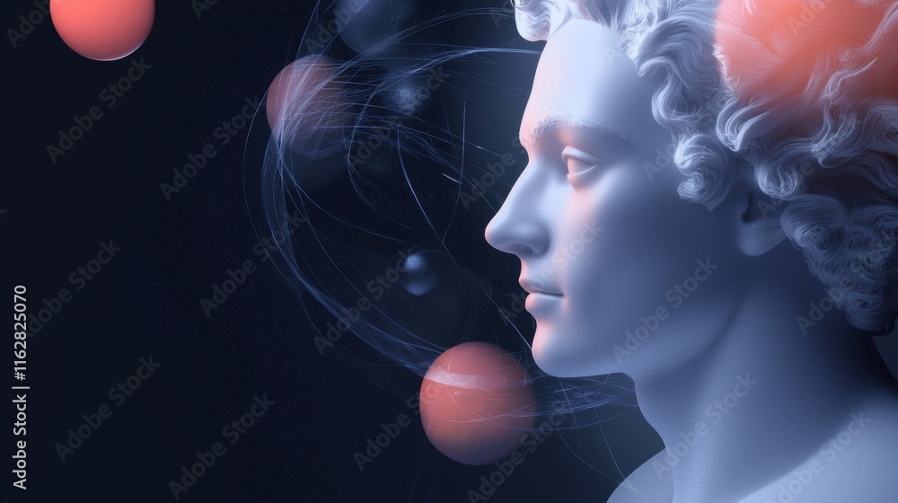 Poster a statue of a man with a face and a background of many red spheres
