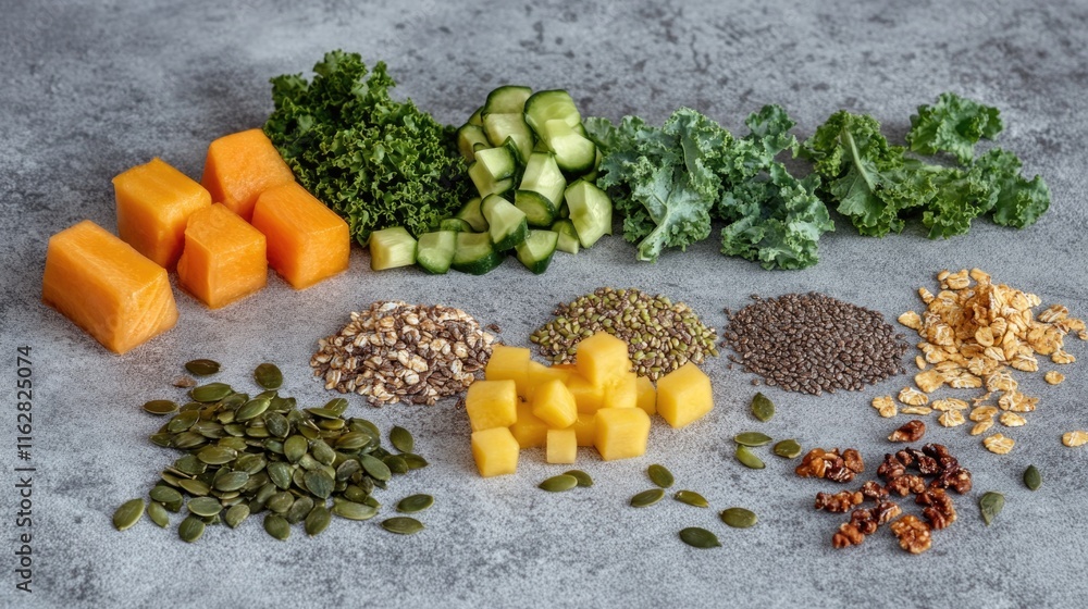 Poster a colorful arrangement of fresh fruits and vegetables on a table, ideal for use in still life photog
