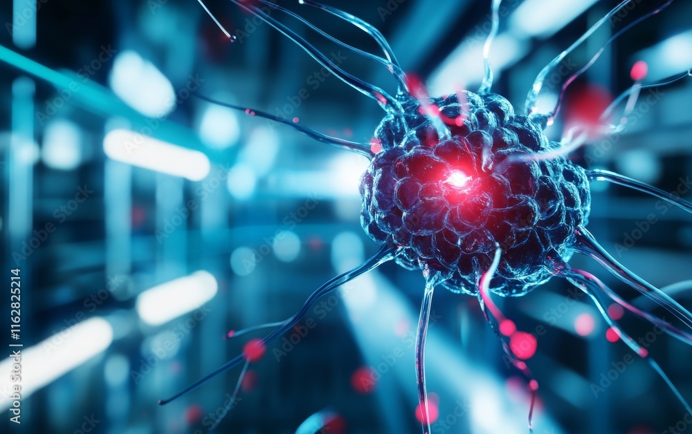 Poster close-up image of a vibrant biological cell with glowing connections, showcasing the beauty of cellu
