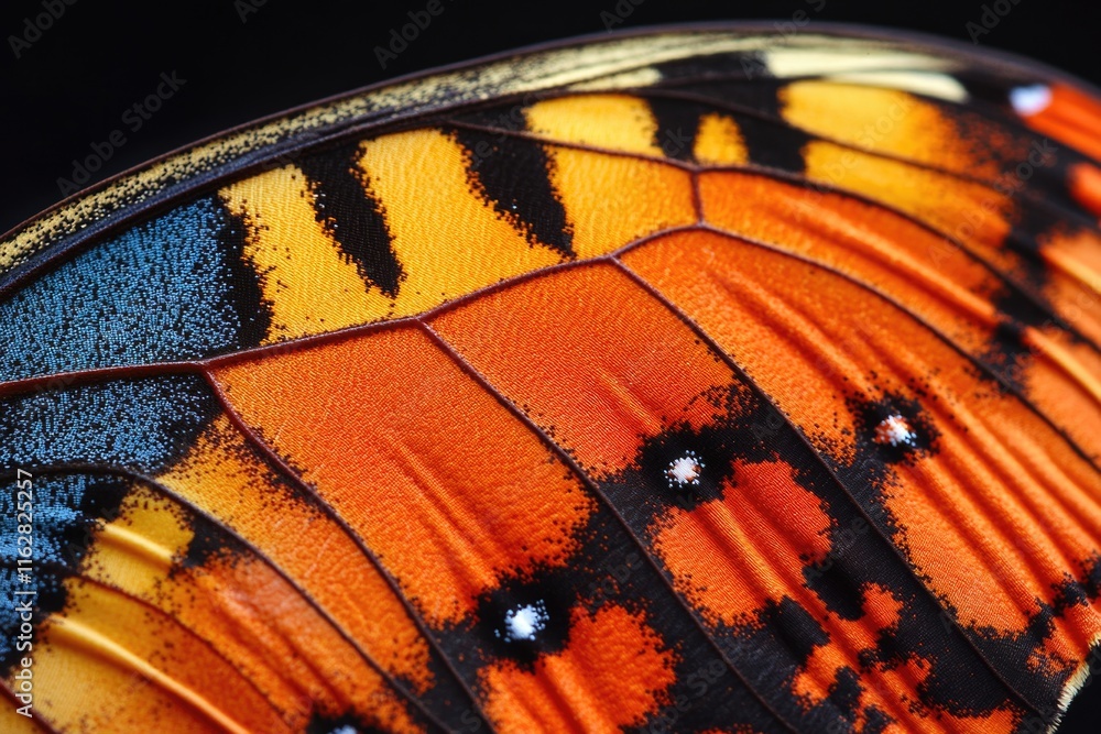 Poster a detailed shot of a beautiful butterfly's wing, showcasing vibrant colors and intricate patterns