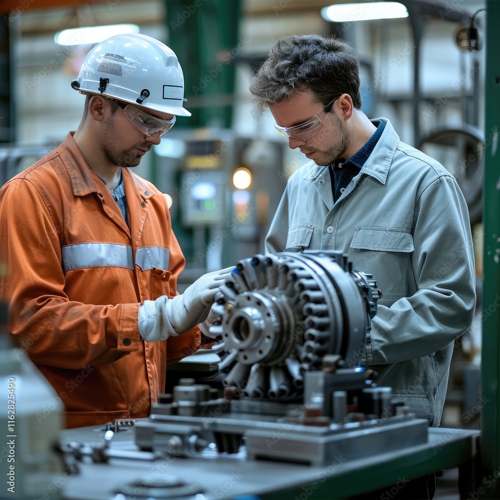 Aufkleber a professional industrial workspace featuring two technicians working on a partially disassembled el