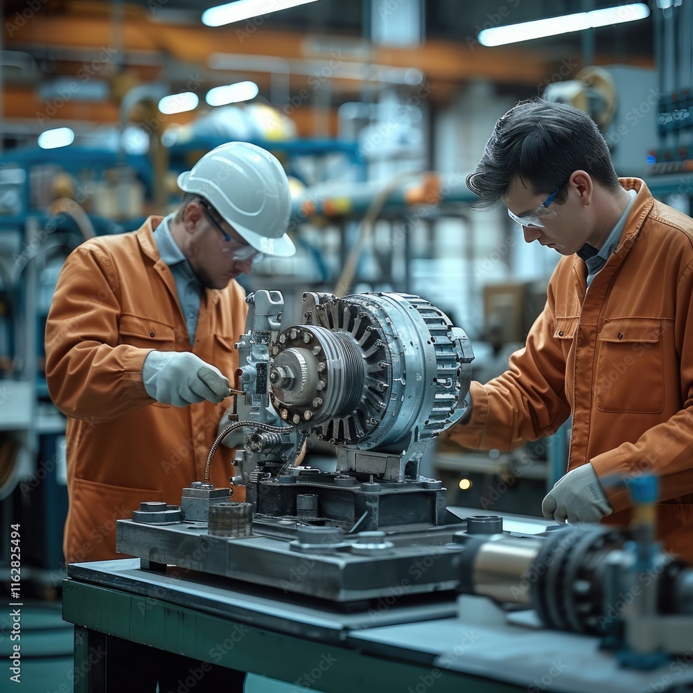 Aufkleber a professional industrial workspace featuring two technicians working on a partially disassembled el
