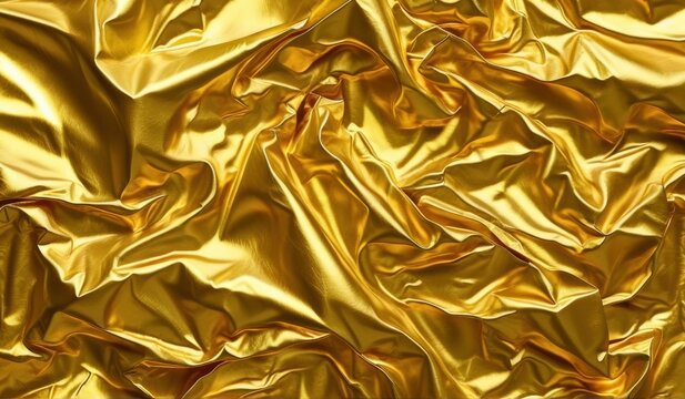 A mesmerizing abstract background of crumpled gold foil, shimmering with light and casting dramatic shadows.