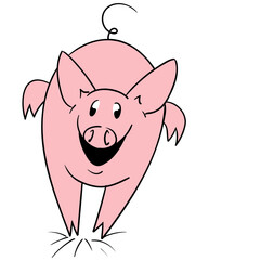 A running pig seen from the front with a big smile and a very funny cartoon style.