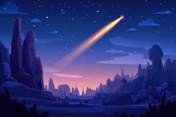 Cartoon Style Illustration of a Glowing Comet Streaking Across a Midnight Blue Sky with a Beautiful Landscape in the Foreground and Stars in the Background