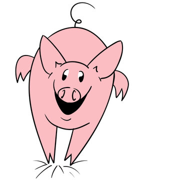 A running pig seen from the front with a big smile and a very funny cartoon style.