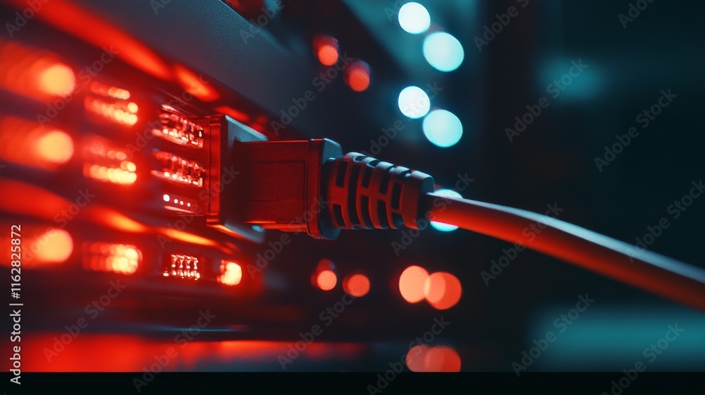 Poster close-up of a network cable connected to a server with glowing led lights, showcasing modern technol