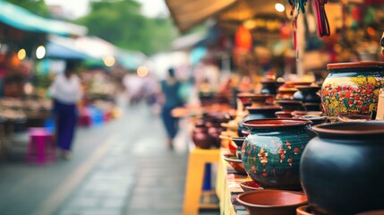 Obraz premium Handmade Pottery Display at Vibrant Market Scene