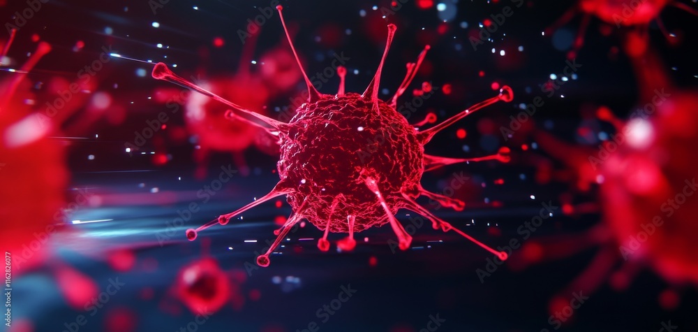Poster close-up of a red virus particle, highlighting its intricate structure and surface. a striking depic