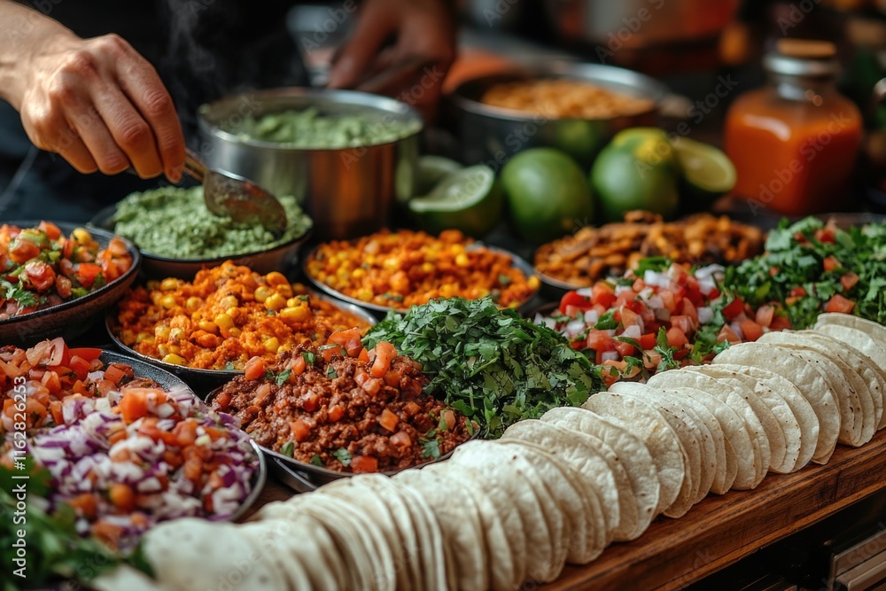 Poster a table filled with diverse dishes and snacks, great for editorial use in lifestyle or entertainment